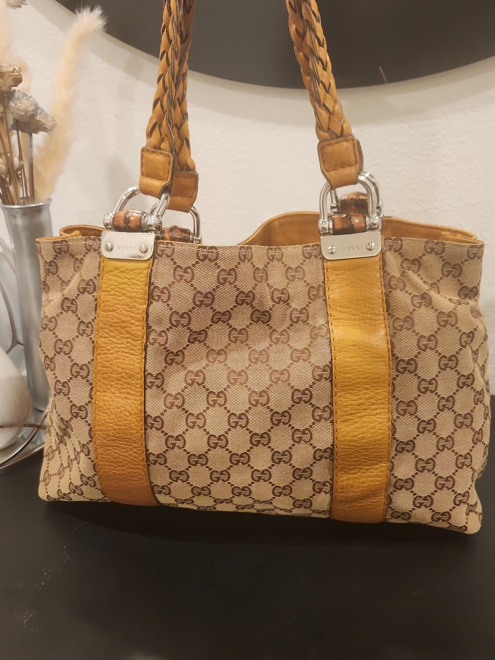 Gucci Beige GG Canvas Tote with Mustard Leather Trim